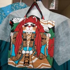 歌舞伎ネコ柄のハンドメイドバッグのサムネイル