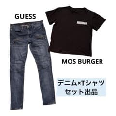 トータルコーデ GUESS バイカーデニム W31 モスバーガー Tシャツ F