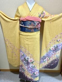 振袖 5点セット 正絹 黄色 桜柄 帯 帯締め 帯揚げ 重ね襟 成人式 前