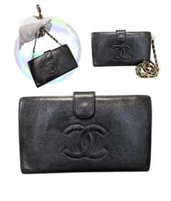 シャネル 黒 デカココ がま口長財布 キャビアスキン チェーン
