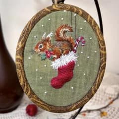 手刺繍フレーム　子リスと靴下　額装刺繍　クリスマスのサムネイル