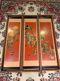 朱塗り 膳 3枚セット 鳥と果実の絵柄 朱塗り 膳 3枚セット 鳥と果実の絵柄 - メルカリ