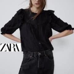 ZARA 七分袖 シアー フリル ブラウス 黒 ブラック　S（Mサイズ相当）のサムネイル