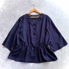 極美品 muveil チャイナブラウス シャツ 38 フレア レース ネイビー 