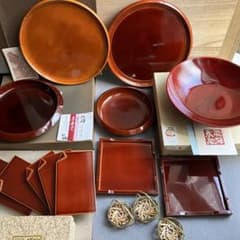 飛騨春慶塗 まとめ売り お盆 菓子器 銘々皿 取り皿 漆器 赤色 丸皿