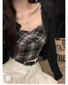 신품 캐미솔만 체크 무늬 개더 캐미솔×가디건 앙상블