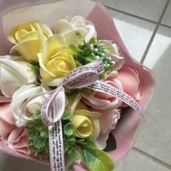 未使用品 造花アレンジメント ピンク・黄色 ソープフラワー