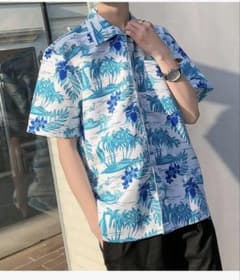 夏 半袖シャツ アロハシャツ ビーチシャツ おしゃれ 通気性ゆったり3X ブルーのサムネイル