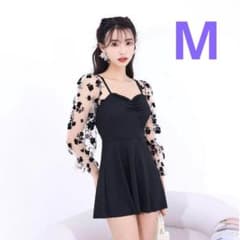 꽃무늬 레이스 소매가 귀여운 등 섹시 원피스 ☆ ☆ 2 점 세트 체형 커버 블랙