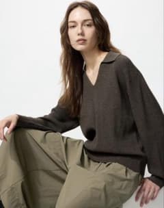 UNIQLO ウォッシャブルニットリブポロセーター ブラウンのサムネイル
