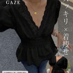 SHEINブラック レース 半袖 ブラウス パフスリーブ