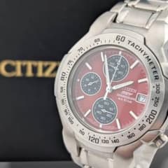 新品電池・稼働・美品・箱付】シチズン クロノグラフ OXY レッド文字盤