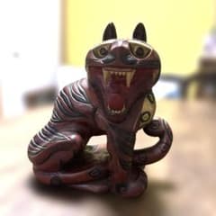 朝鮮美術 時代 李朝 民芸 木彫 彩色 猫虎 珍品/置物/木工/民族/木彫り