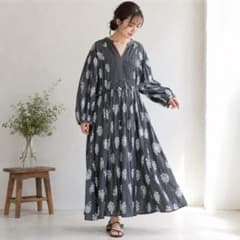 美品✨ ヌキテパ コットンボイル ロングワンピース ハンドプリント