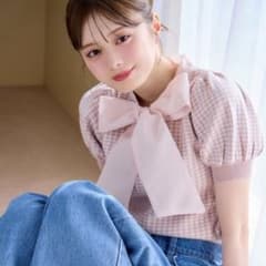 ANMILLE アンミール 千鳥シフォンリボンニット 半袖ニットトップス ピンクのサムネイル