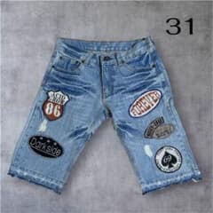 ワッペン付き デニムハーフパンツ 31インチ ストリート ダメージのサムネイル