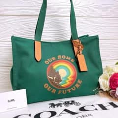 極美品☆COACHコーチ トートバッグ グリーン キャンバス レザータグ 