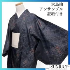 未着用　小紋　大島紬　証紙付き　アンサンブル　 格子　牡丹　着物　075a d 未着用 小紋 大島紬 証紙付き アンサンブル 格子 牡丹 着物 075a