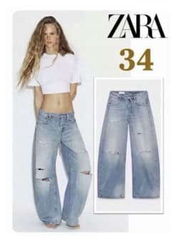 34 ZARA TRF ダメージ加工バギーミッドライズデニムパンツ ZARA TRF ダメージ加工ミッドライズバギージーンズ 34 - メルカリ