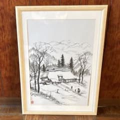 一点物】水墨画 風景画 美術品 日本画 山水画 民家 - メルカリ