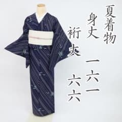 夏着物】絽＊小紋 笹竹模様 紺ネイビー 普段着 正絹 カジュアル 5KA14