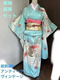 豪華絢爛‼︎　アンティーク振袖　袋帯　レトロ　総柄刺繍　牡丹　梅　菊　孔雀 総刺繍 正絹 振袖 袋帯 セット 旧華族令嬢風‼︎ 水色 孔雀 鳳凰 大正