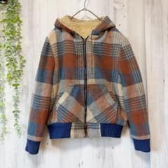 ヴィンテージ パーカー フードリブ チェック S M 茶青 羊毛 キャンプ