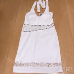 新品 ビジュー付 部分レース透け魅せホルタータイトミニドレス ホワイト ドレスのサムネイル