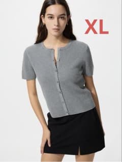 UNIQLO スカラップ クルーネック カーディガン グレー XL 半袖