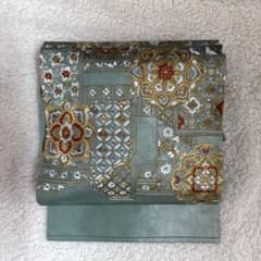 袋帯 西陣織 唐織 正絹 花 刺繍 六通柄 金糸 和服 ミントグリーン