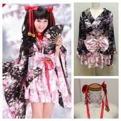 新品☆ハロウィンコスプレ☆ミニ着物ピンク　×黒ブラックのサムネイル