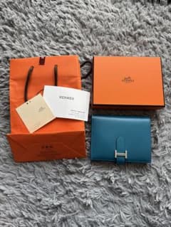 極美品】HERMES エルメス べアン コンパクト 青 ブルー シルバー金具 
