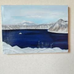 北海道摩周湖冬景色油彩画、再張りキャンバス自作油絵、サイズF-4