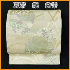 △605my115△夏帯 絽 団扇 秋草 露芝 紅葉 竹垣 金糸 袋帯△美品 △605my115△夏帯 絽 団扇 秋草 露芝 紅葉 竹垣 金糸 袋帯△美品