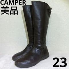美品✨️CAMPER カンペール フラットソール シボ革 ロングブーツ 38 茶 美品 カンペール ロングブーツ ブラウン 37 サイドジップ フラット