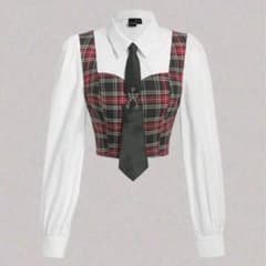 レディース 長袖ブラウス チェック柄 ネクタイ付き 韓国 制服風 クロップド丈