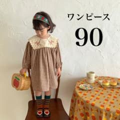 襟付きワンピース スカート 刺繍 チェック 長袖 韓国子供服 クリスマス 90のサムネイル