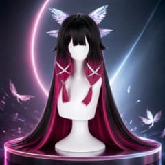 原神 コロンビーナ コスプレ ロングウィッグ アニメ ブラック ピンク