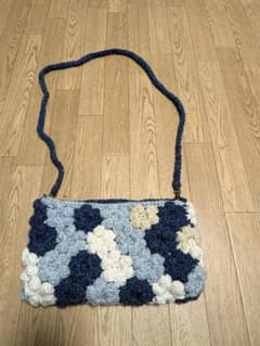 【ハンドメイド】手編み お花リフ編みバッグ ブルー系 ショルダーバッグのサムネイル