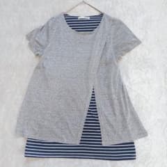 シューラルー カットソー レイヤード ボーダー 半袖 重ね着 Tシャツ 紺 白