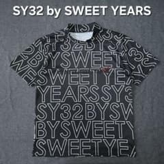 美品 SY32 モックネックシャツ 総柄ロゴネーム ブラック 速乾 L ロゴ