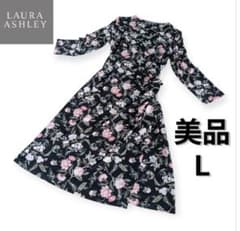 ローラアシュレイ カシュクール ロングワンピース 花柄 ブラック 11/L