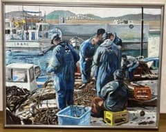 真作油彩画 肉筆画 風景画 【漁港のワカメ取り】F50号 アルミ額縁 送料