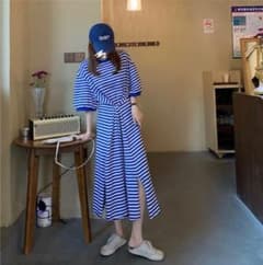 ブルー　ストライプ　スカート　ワンピース　ロングスカート　レディース　カジュアルのサムネイル