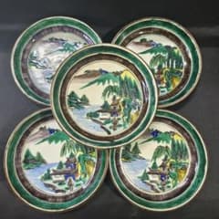 九谷焼 青手小皿 富士山水人物図 手描き 幕末骨董 古美術 蒐集家放出極上品 九谷焼 青手小皿 富士山水人物図 手描き 幕末骨董 古美術 蒐集家放出
