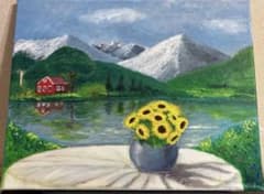 真作】絵画 沖野実 油彩8号 夜の花束 カラフルな幻想花 濃紺背景 X91