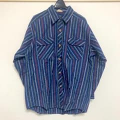 藍紬 マルチストライプ つむぎ織り M~L 長袖シャツ 古着 Q2452のサムネイル