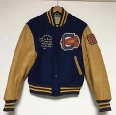 90s スタジャン 袖レザー ネイビー イエローのサムネイル