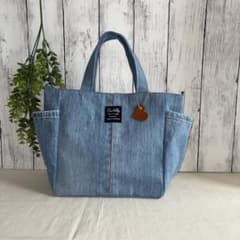 M-1 デニムリメイク サイドポケット付きトートバッグ ハンドメイド