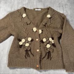 森ガール フラワー ニット カーディガン カーキ - 5